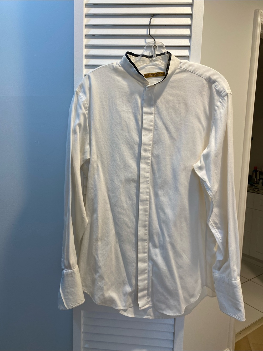 Donna Karan White Band Collar Tuxedo  Shirt with Black Trim